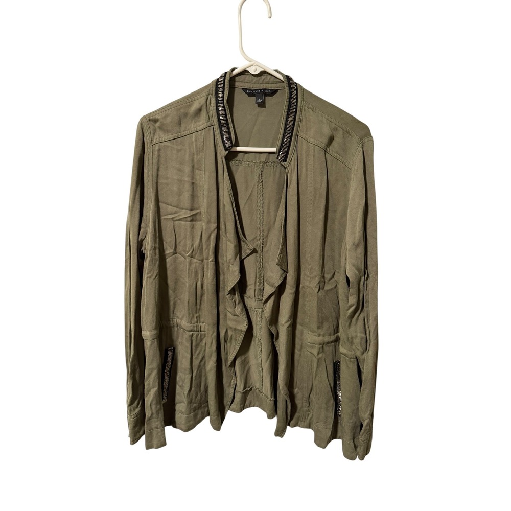 Signature Studio Size Large Olive Green Beaded‎ Trim Open Front Utility Jacket